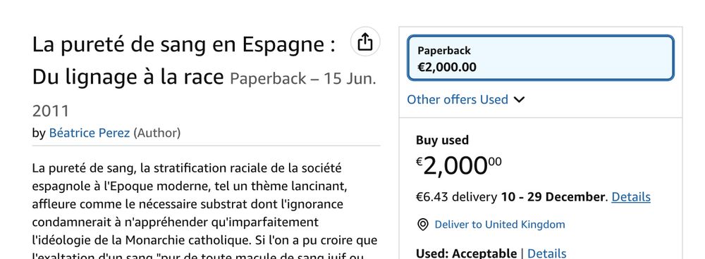 Price of a second hand French 2011 paperback about Spanish history  - €2000