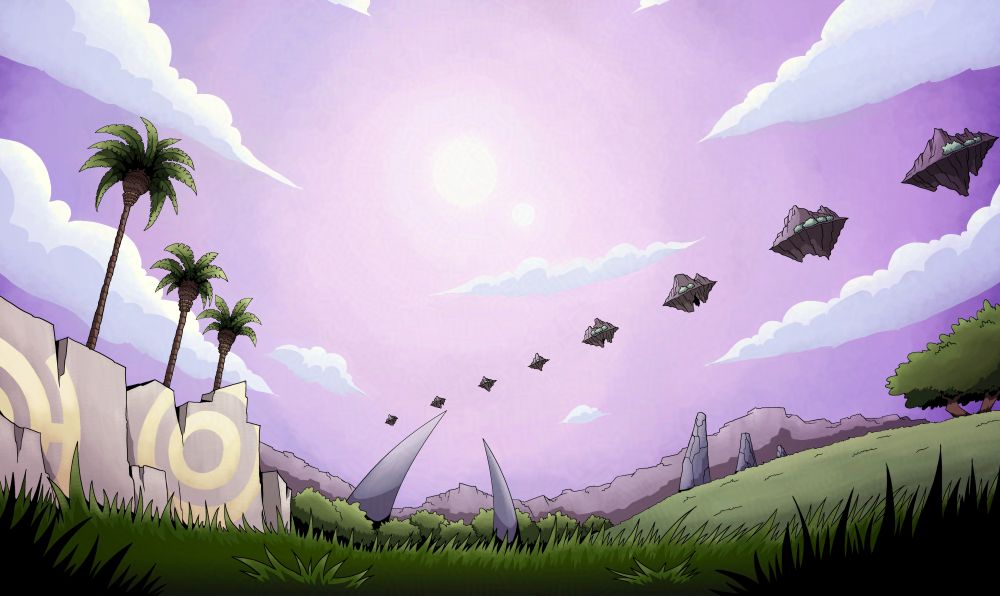 A Dot hack inspired landscape featuring an open grassy field with distant mountains, mysterious ruins, rocky relics and floating land masses. The sky is lit by what appears to be two suns.