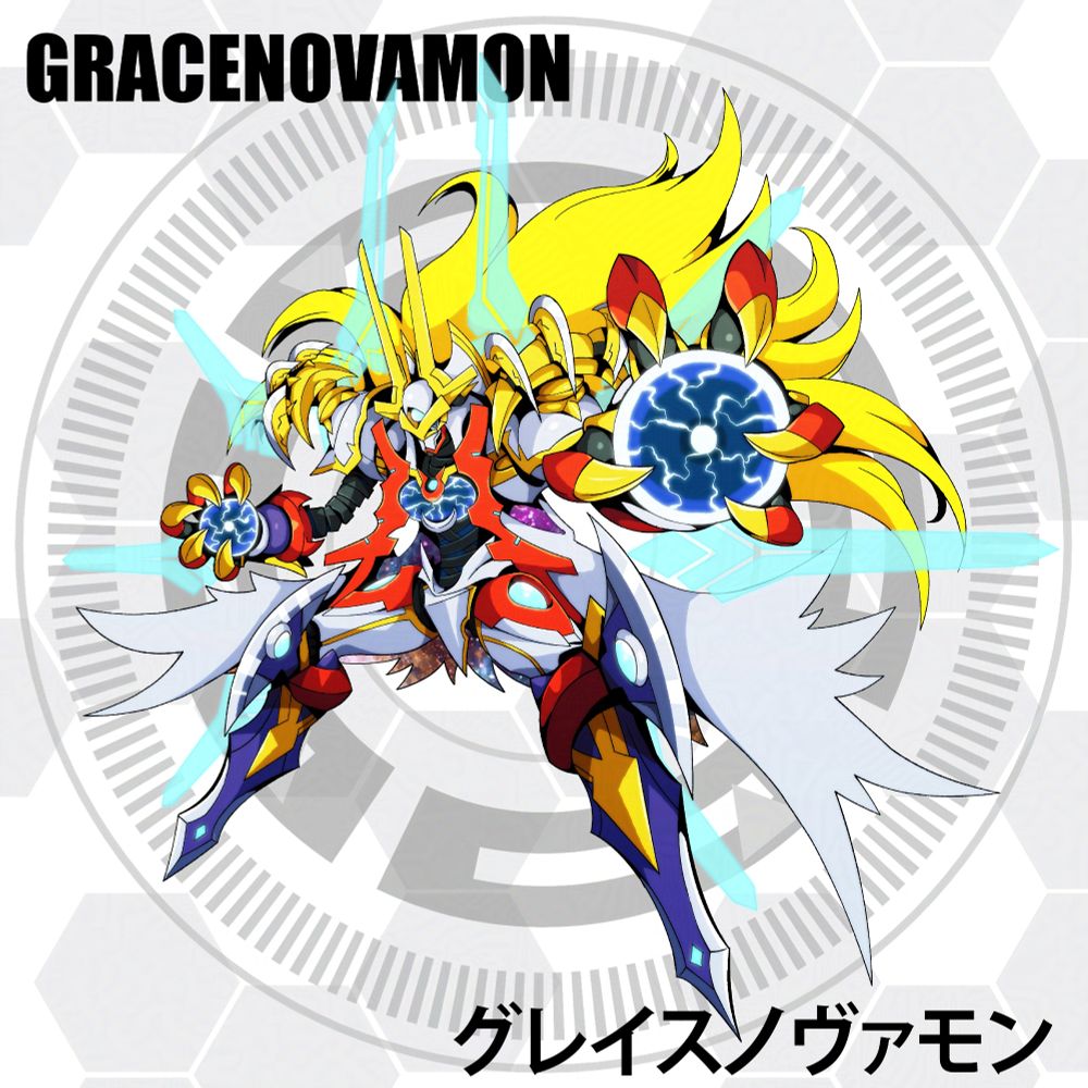 Fan art of the Digimon "GraceNovamon". It is a humanoid, armored being who's main body seems to be made up of some kind of 'ethereal' or 'cosmic' energy. It has sharp claws, several crescent shaped blade-like design elements, a tattered coat and eight ethereal 'blades' that float around it.