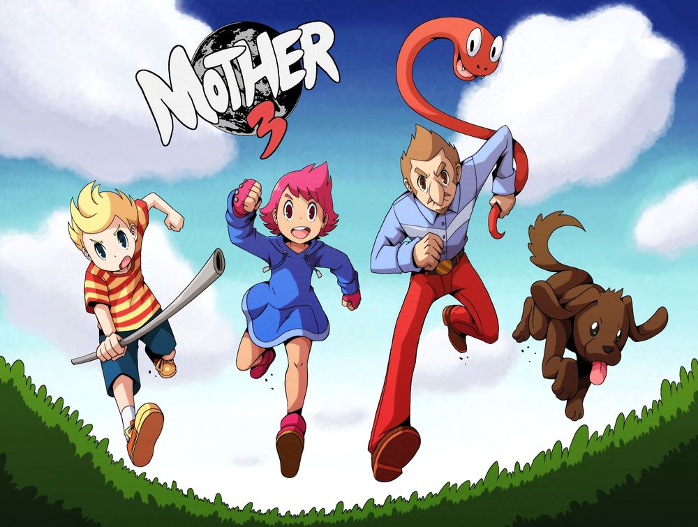 Fan Art of the video game "Mother 3"; Featuring the main characters, Lucas, Kumatora, Duster, Boney running through a grassy field.