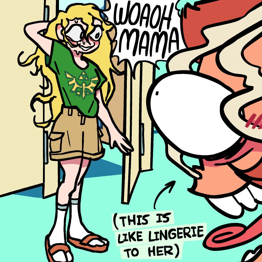 Lilith and Ana are at a clothing store, in the changing room area. Lilith has just come out of one of the changing rooms in a green Legend of Zelda triforce t-shirt (the one with wings, a bit like a bird), cargo shorts with big pockets, and a socks and sandals wombo combo. She is holding the back of her head and blushing a bit. Ana, meanwhile, is saying "WOAOH MAMA" with her eyes bulging, steam coming out of her nose and ears, and her tongue sticking out, twisted into a spiral like you might see in Junji Ito's Uzumaki.