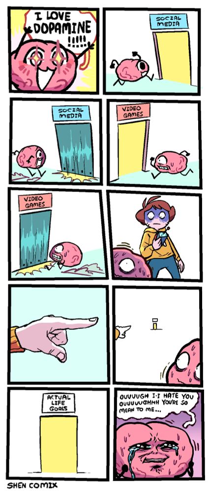 Panel 1: A happy brain with sparkles in its eyes is throwing up its hands and yelling "I LOVE DOPAMINE!!!!!"

Panel 2: The brain is happily running towards a door labeled "social media".

Panel 3: A metal gate is abruptly descends from the top of the door, shutting it and blocking the path, bringing the brain's run to a screeching halt.

Panel 4: The brain, now stressed and with clenched teeth, is running towards a different door labeled "video games".

Panel 5: This door too, shuts in front of the brain, bringing its run to a screeching halt.

Panel 6: Behind the brain, Shen shows up, holding a remote with a red button that he's been seemingly using to control the doors. He has a shadow over his eyes and an overall very serious expression. The brain, in the foreground, is sweating bullets.

Panel 7: A closeup of Shen's hand, pointing towards something seemingly far off to the side.

Panel 8: His hand and the brain (still sweating) bookmark the frame as it's revealed that what Shen is pointing at is a very far away door.

Panel 9: A closer view of the door reveals that it is labeled "actual life goals".

Panel 10: The brain has his face scrunched up in a crying expression, still shaking and sweating, saying "ouuuugh I-I hate you ouuuuughhh you're so mean to me..."