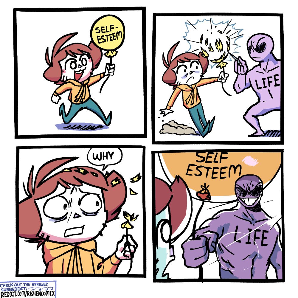 Panel 1: Shen is happily running, grasping the string of a bright yellow balloon. The balloon is labeled "Self Esteem".

Panel 2: Life steps into the panel holding a needle to the balloon. Shen skids to a halt in front of Life but it's too late -- the needle has popped the balloon, it's shape still vaguely outlined in the air by the chunks of yellow rubber now falling apart.

Panel 3: Yellow balloon chunks rain down, a few landing on Shen's messy hair. He is distraught. He says: "Why"

Panel 4: Shen is surprised to find Life, backlit by the bright sun, now holding out a way BIGGER yellow balloon labeled "Self Esteem" towards him, offering it to him.
