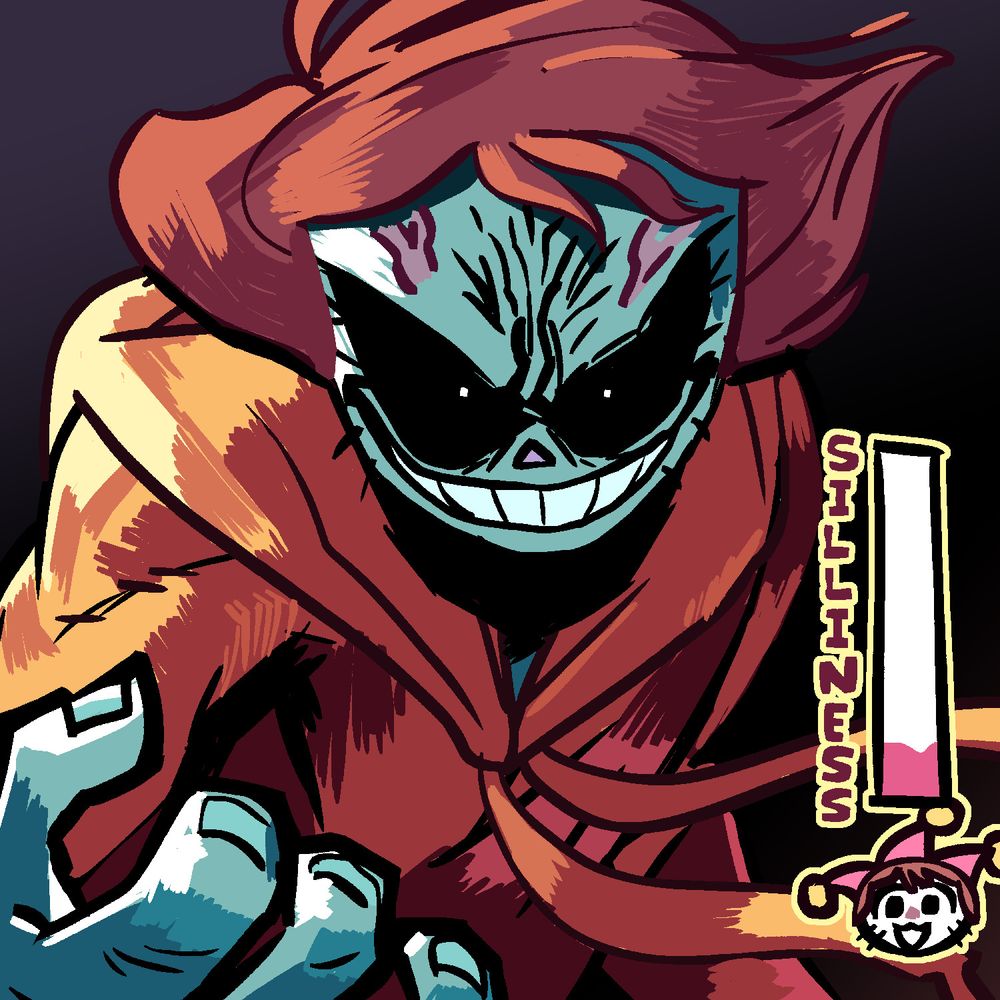 Shen with a demonic expression, eyes obscured in shadow except two pinpoints of light, veins bulging on face, lifting one open had towards the camera as if ready for combat. On the right there is a meter labeled "SILLINESS" and it is merely at 10-15%.