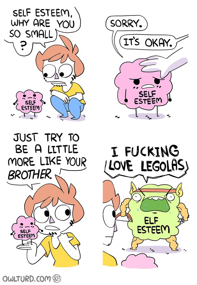 Panel 1: Shen is squatting down with his elbows on his knees, talking to a small blob labeled "Self Esteem". Shen asks "Self Esteem, why are you so small?"

Panel 2: Self Esteem looks down, frowning, and says "Sorry." Shen responds "It's okay," patting Self Esteem's head.

Panel 3: Shen lifts Self Esteem upon his hand and points behind him with his thumb, also shifting his gaze that way. He says "just try to be a little more like your BROTHER."

Panel 4: A huge lime green block with buff orange-ish arms and legs is wearing fake elf ears and holding a disproportionately tiny bow and arrow. He yells "I FUCKING LOVE LEGOLAS". He is labeled "Elf Esteem".