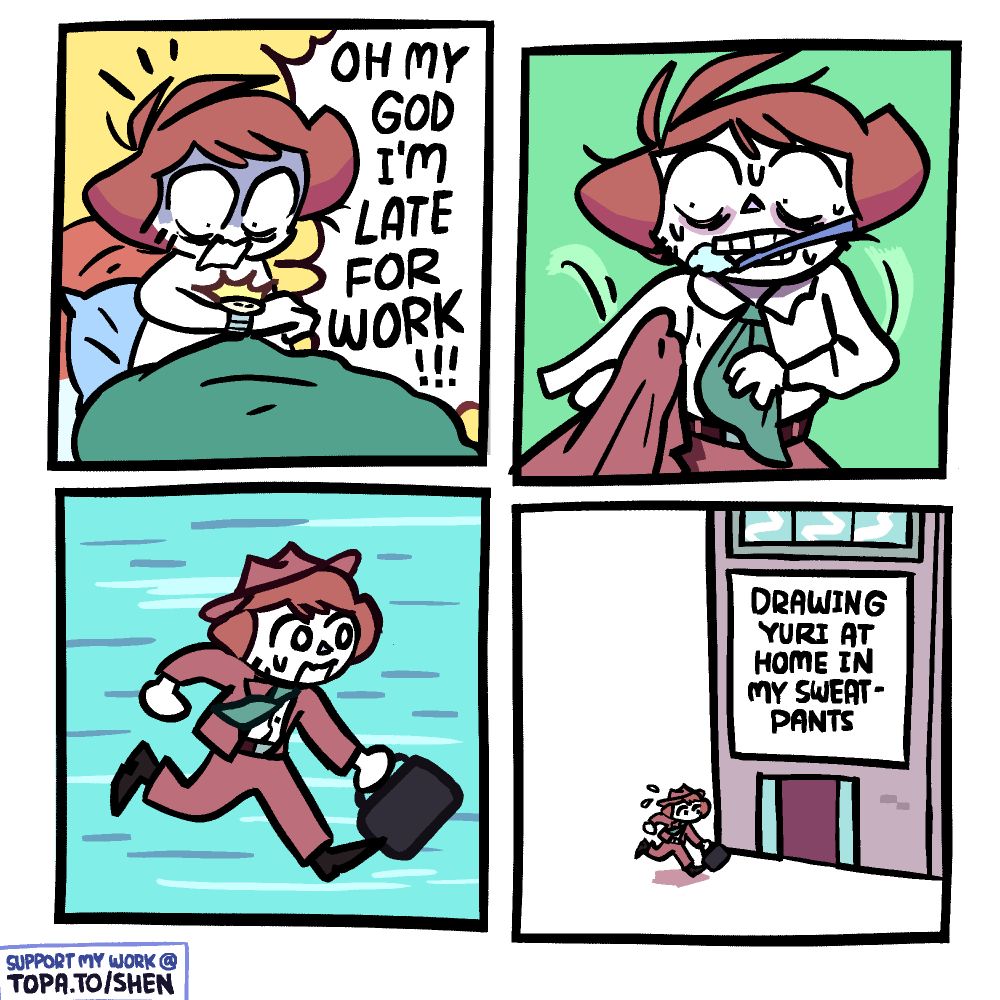 Panel 1: Shen is sitting up in bed looking at his watch, panicked, yelling 