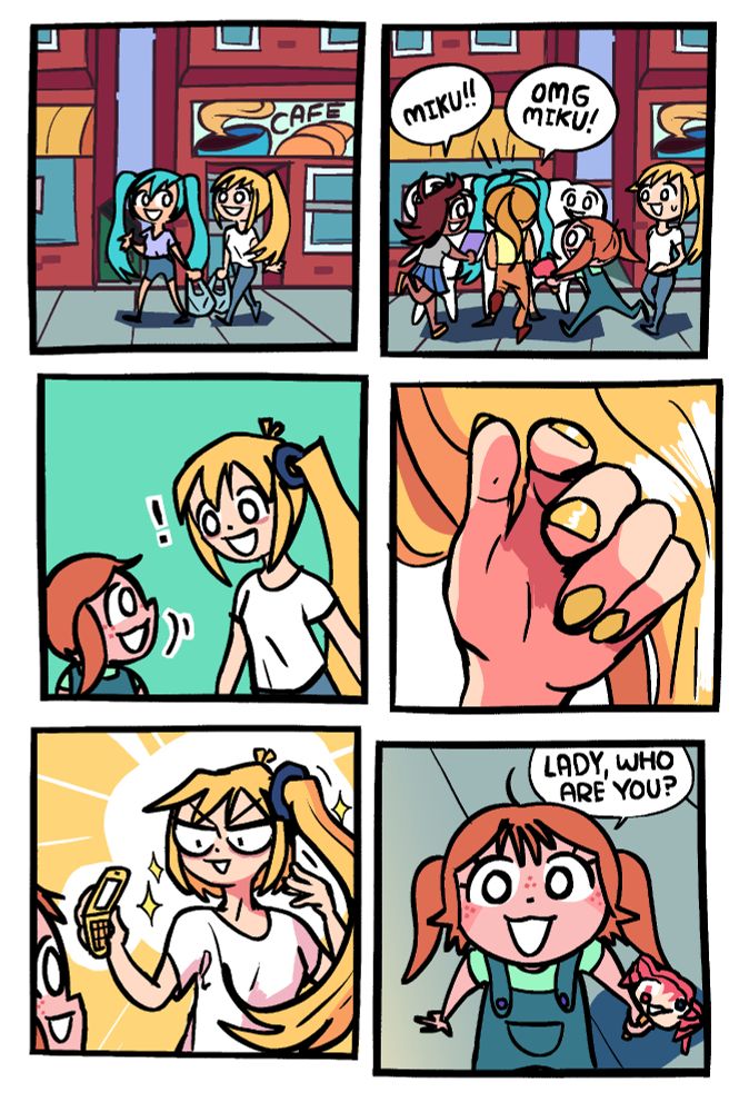 Panel 1: Hatsune Miku and Akita Neru are walking down a street past a cafe, carrying bags. Miku is saying something to Neru, and they're in casual clothes: Miku is in a purple t-shirt tucked into jean shorts, and Neru is in a loose white t-shirt and jeans.

Panel 2: Miku gets swarmed by a gaggle of fans, saying stuff like "MIKU!!" and "OMG MIKU!!" Neru stumbles backward out of the way awkwardly as this happens.

Panel 3: One of the Miku fans, a little girl with pigtails, looks over at Neru and they lock eyes, smiling at each other.

Panel 4: Closeup of Neru's hand, with yellow-painted nails, sweeting out her big side-ponytail.

Panel 5: Neru is shining bright in front of this girl, showing off her side-pigtail and her yellow flip-phone, just like she has in the music video for Triple Baka, a song for which she provides phone dialing sound effects.

Panel 6: The little girl looks up at her and says "Lady, who are you?" She is also holding an actively melting Kasane Teto ice cream with gumball eyes, and it's looking pretty rough.