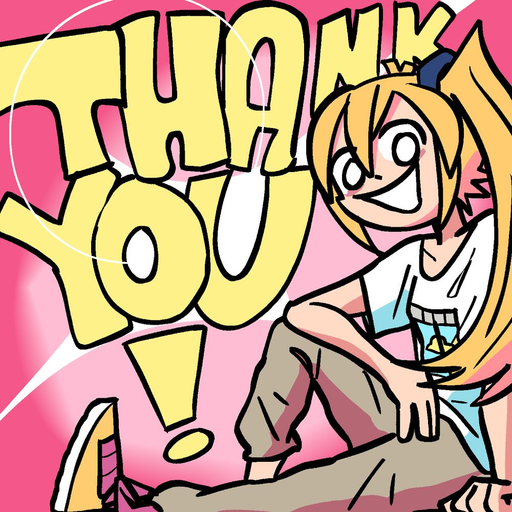 Akita Neru is sitting against the side of the image, the closer leg extending outwards, and the farther leg bent. Her right arm is resting on its elbow on the knee of the bent leg, and her left arm is straight against the ground, propping herself up. She is wearing sweatpants, yellow shoes with pink-purple laces, and a white t-shirt with a windows 95 style window on it with a cloud in it. She is smiling at you, and text in the background says "THANK YOU!"