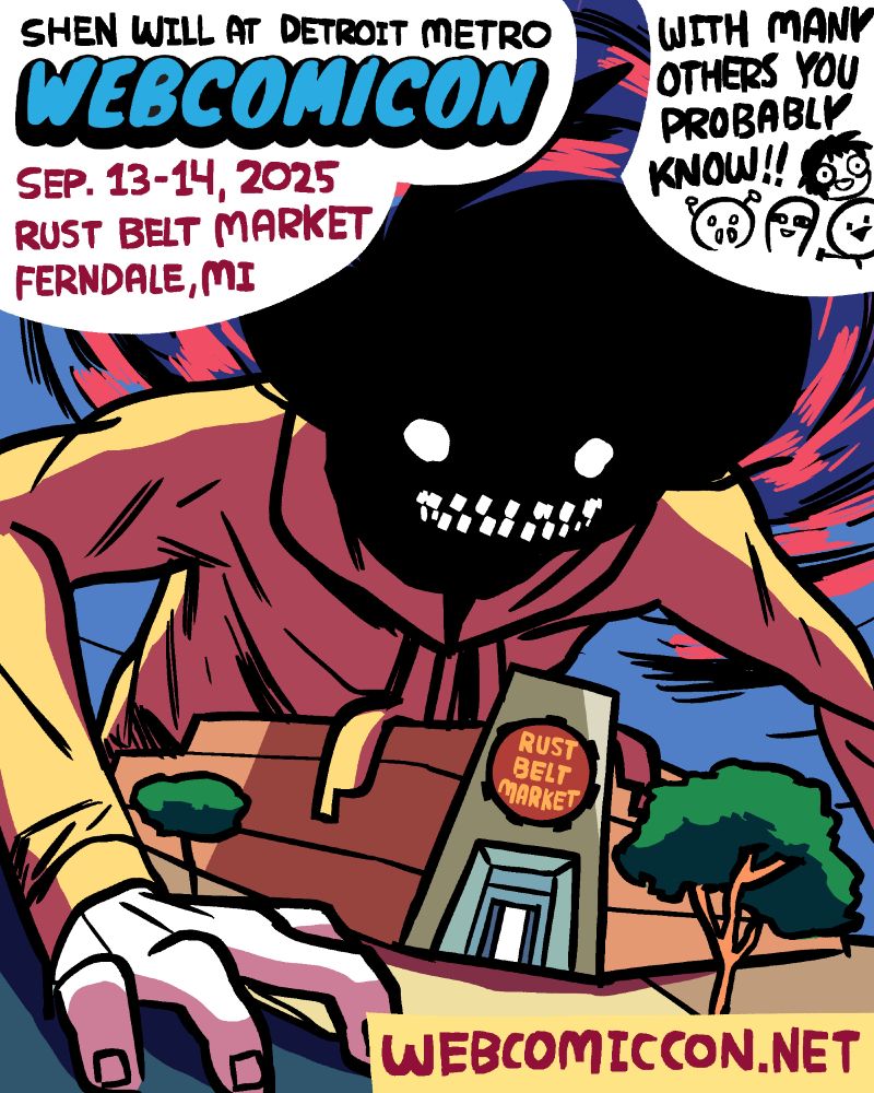 A gigantic Shen is a fully shadow-cloaked face, only a pair of small round eyes and teeth glowing through it. He is looming over a building with a gear-shaped sign that says 