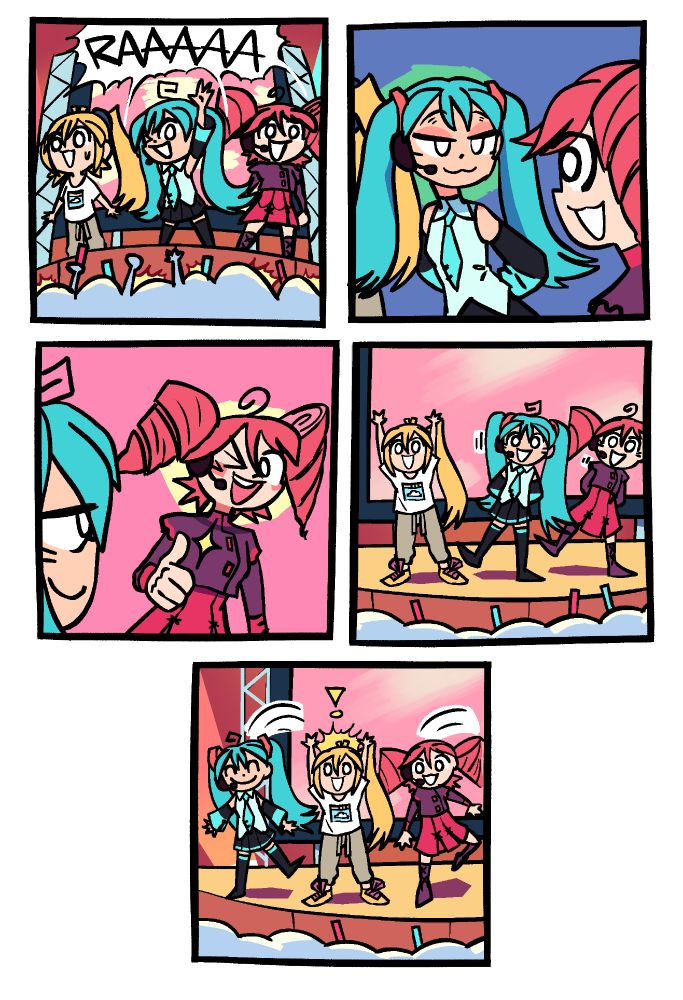 Panel 1: Akita Neru, Hatsune Miku, and Kasane Teto (in that order, left to right) are up on stage in front of a raucus crowd going "RAAAA" as Miku waves to them. The full Triple Baka is now present.

Panel 2: Miku turns to Teto and gives her a mischievous look, with her hands behind her back.

Panel 3: Teto seems to immediately understand, winking at her and giving her a thumbs up.

Panel 4: Both Miku and Teto lean to their left and raise their right legs, preparing for a big step.

Panel 5: Both Miku and Teto happily take a big step right, putting Neru between them. Neru, who is usually a sidelined character, is now, much to her own surprise, at the center of the group.