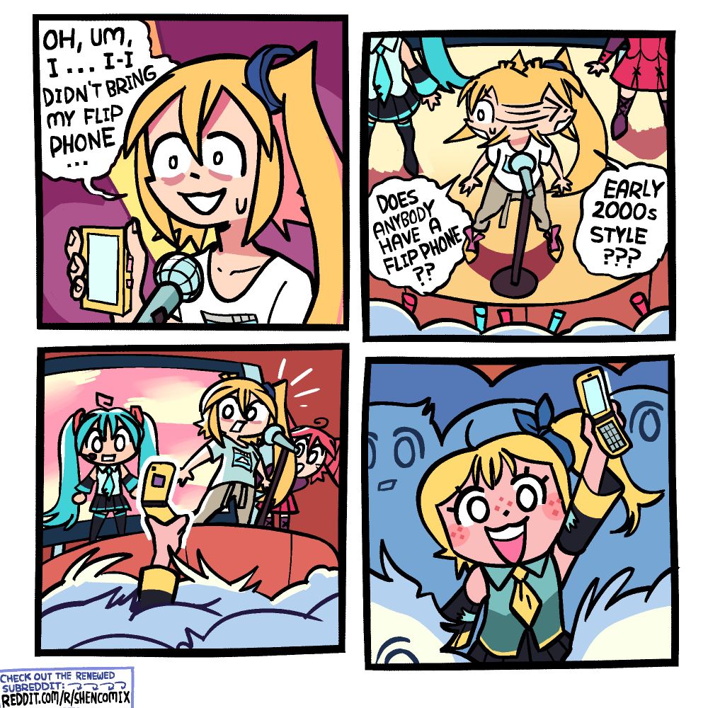 Panel 1: Akita Neru is at a microphone, nervously holding up her yellow smartphone and saying "Oh, um, I ... I-I didn't bring my flip phone ..."

Panel 2: Neru, flanked by Hatsune Miku and Kasane Teto to her left and right, looks frantically across the audience, asking "Does anybody have a flip phone?? Early 2000s style???"

Panel 3: Neru notices a yellow-and-black sleeved hand pop out of the audience holding up a yellow flip phone.

Panel 4: It is that freckled girl who didn't know who Neru was a little while back, now cosplaying as her, seemingly having become a fan between then and the concert. She is holding up a yellow flip phone, just like Neru's, which she brought as part of her cosplay.