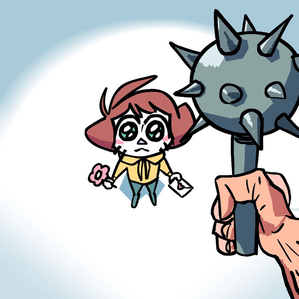 POV: Shen is standing in front of you. He is very small and holding a pink flower in one hand, and a letter sealed with a heart shaped sticker in the other, looking up at you with eyes filled with both hope and trepidation. You are a holding a medieval mace in your big, muscled, veiny arm, clearly with cruel intent.