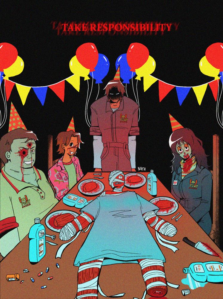 the drawings depicts a birthday party sorrounded by 4 people, the corpses of two men and a woman, the other two are alive but one of them is severely burn from all his body and the other one is looking 
intimidating towards the viewer.