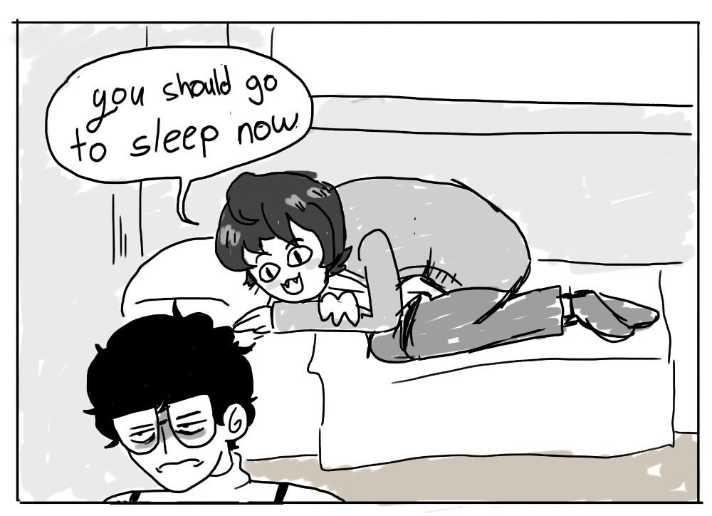 persona 5 protagonist (joker) and morgana in his human form, morgana calls joker to go to sleep  like how he would in his cat form