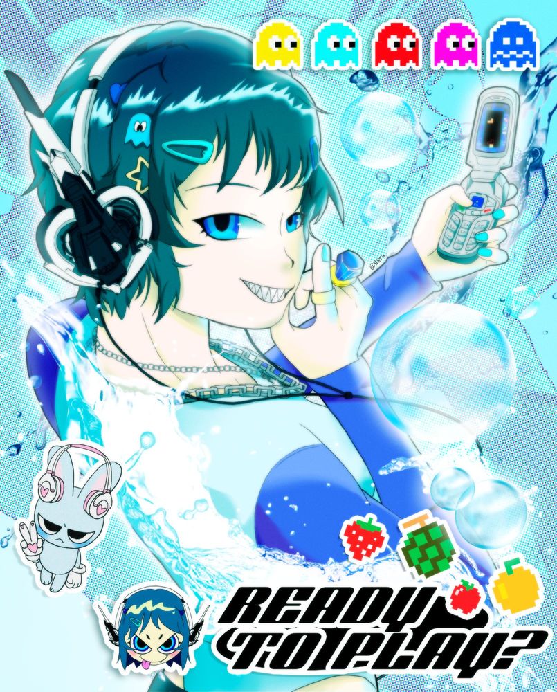 digital art of a girl with a y2k aesthetic, she is holding a fliphone with a tetris minigame in the screen, she is surrounded by pacman stickers and chibi mascots.