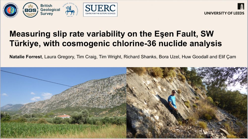 The title slide for my talk, featuring two fieldwork images of the Esen Fault, and my title: Measuring slip rate variability on the Esen Fault, SW Türkiye, with cosmogenic chlorine-36 nuclide analysis