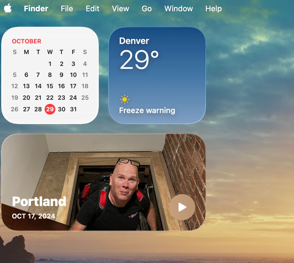 Screenshot of desktop widgets on Mac OS humourously using a picture of JP coming up a trap door