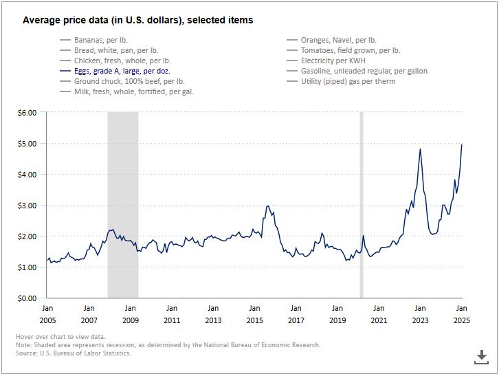 Consumer price index of eggs (grade A, large, dozen) monthly through January 2025. 