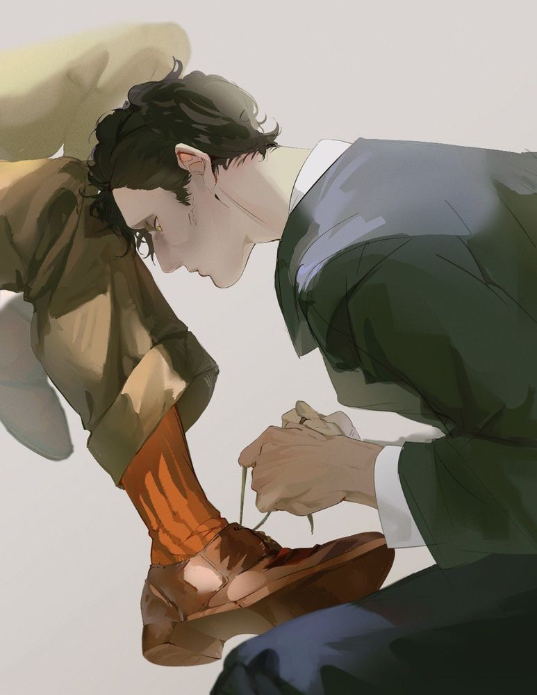ferdibert repost:
hubert kneels in front of ferdinand, who's only has legs shown in the picture, to tie his shoes. said shoe is resting on hubert's knee. hubert presses his forehead into ferdinand's knee, face unreadable but he's clearly enjoying himself. 