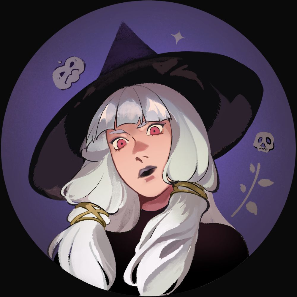 lysithea in a circle
she's a witch, has a big black pointy hat, she looks somewhat annoyed
on the background there's poorly drawn pumpkin and skull