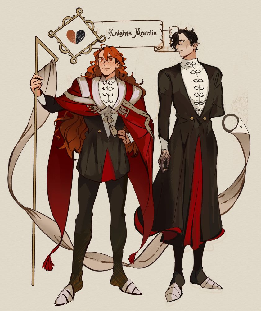 Ferdinand and Hubert are dressed in the black white and red uniforms of a unit from the Witch Hat Atelier. They are standing next to each other. Ferdinand is looking forward and smiling while Hubert's face is partly averted, his expression neutral. Hubert's visible hand displays dark scars. Ferdinand holds a spear with an attached banner in his hand and the banner threads behind them. The background is simple and displays a sign with the inscription Knights Moralis.