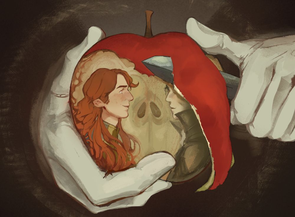 ferdibert apple trend thingy
gloved white hands are holding apple that is cut on half, making it's seeds visible, as well as side views of ferdinand and hubert inside of it. hubert's face is covered by apple's slice, as left hand holds the knife and peels the apple with it.