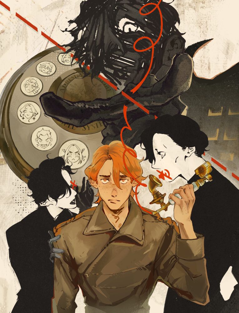 vintage ferdibert au repost
pre-ts ferdie tries to call someone, but big scary post-ts hubert cuts his phone wires. pre-ts hubert and kid-bert are being scary and annoying.
on the background there's phone buttons with the rest of the beagles' faces on them. center of the phone has empire flag eagle on it and "adrestian empire bell system" is written on it
i wish i knew what does it all mean but i still have no fucking idea lol