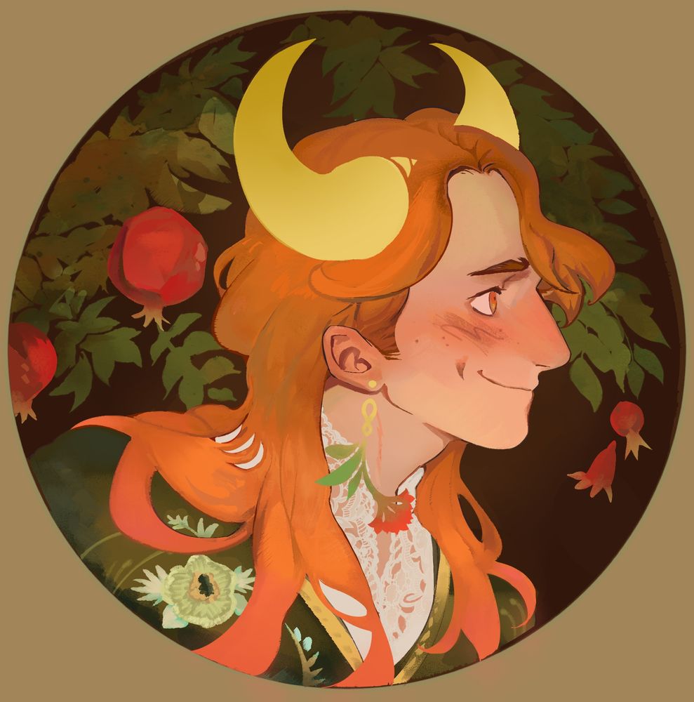 drawing of ferdinand's profile down to shoulders in a circle, he is looking at right side, he has taurus horns and there's pomegranates on the background