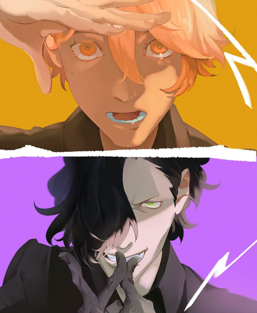 repost of ferdibert thing that was posted on october last year with the caption "goofy ahh ferdibert again". really smart, jinofarts
on the picture itself there's drawing of ferdinand on the upper part of it, holding his hand to hide his eyes from the light; hubert, on the psrt below, smiles devilishly and holds his hand in a snap motion. ferdinand is on a yellow background, hubert on a purple, they're divided by white line