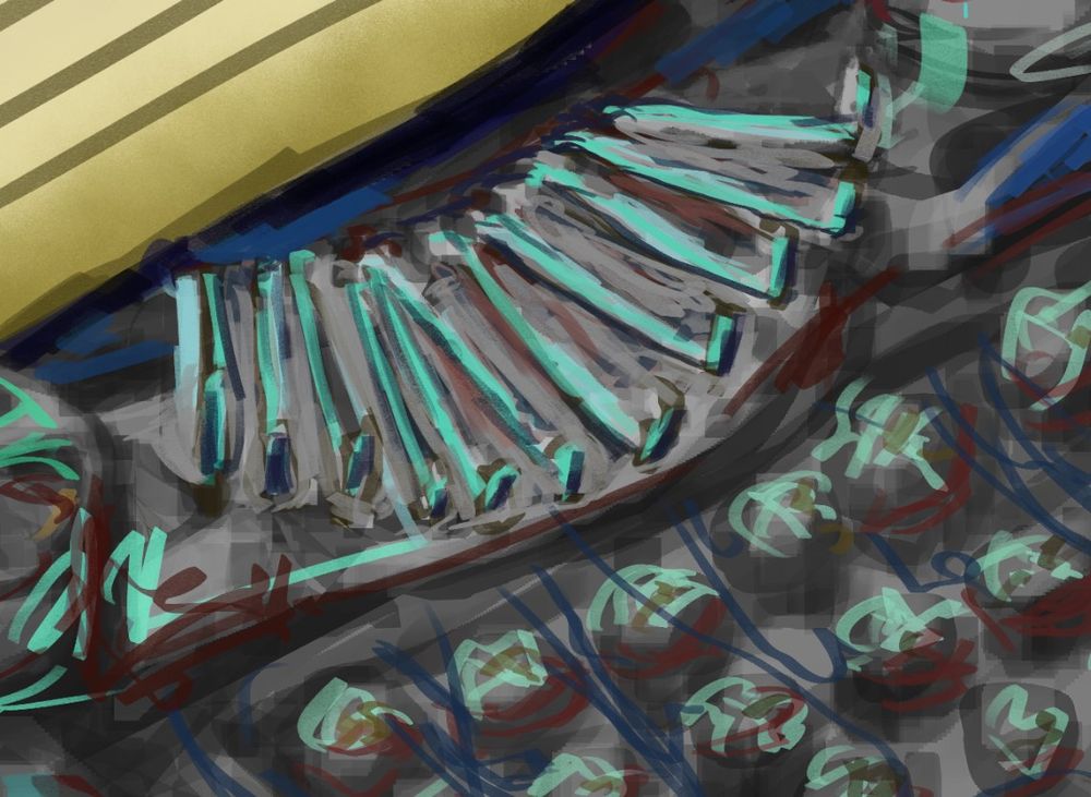 Depicted is a closeup of the type-heads of the typewriter. They've been abstracted into this violent looking cyan levers. 
