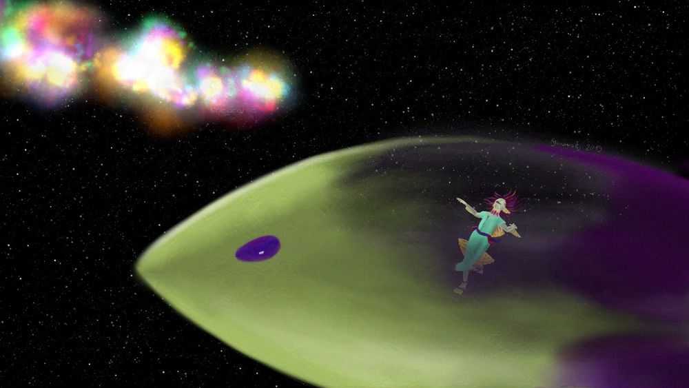 A digital painting of a space scene. A partially transparent spaceship creature is seen in front of a colorful phenomenon, and a bipedal fish alien with pink hair is floating inside the creature. These are Ycalla and Calyrra from my Kaleidoscope project, on their first space trip together.