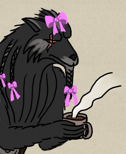 A digital doodle of my former Werewolf-Elf knight, Thakon Blackpelt - with added pink bows.