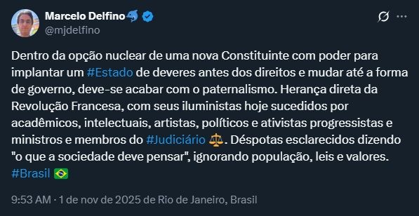 Dentro da opção nuclear de uma nova Constituinte com poder para implantar um Estado de deveres antes dos direitos e mudar até a forma de governo, deve-se acabar com o paternalismo. Herança direta da Revolução Francesa, com seus iluministas hoje sucedidos por acadêmicos, intelectuais, artistas, políticos e ativistas progressistas e ministros e membros do Judiciário. Déspotas esclarecidos dizendo "o que a sociedade deve pensar", ignorando população, leis e valores.