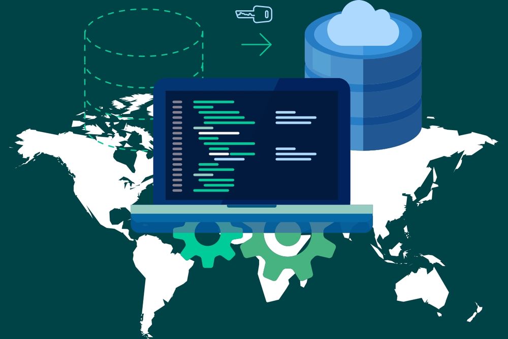 Graphic of a computer in front of a world map