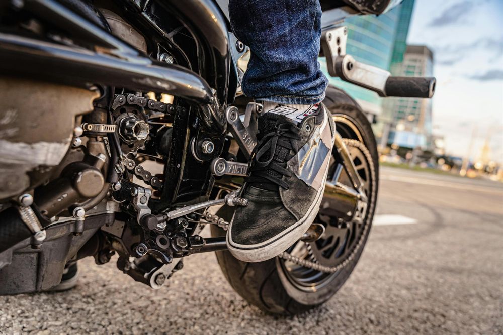 View of a motorbike wheel from the ground