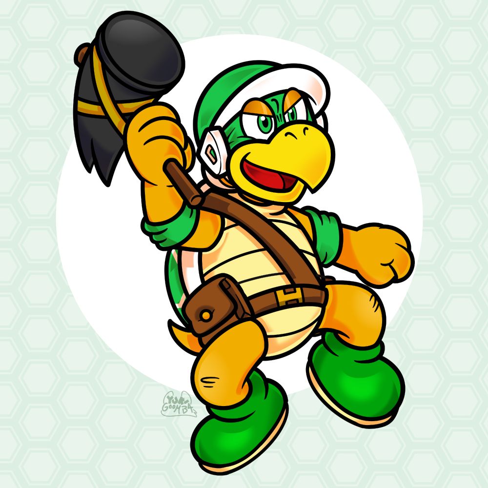 An orange and yellow Hammer Bro-like character based on the ones from the Super Mario series. He wears a green mask around his eyes, with green shoes, shell, helmet, and elbow bands. He wields a large black hammer and has a belt with bags across his waist.