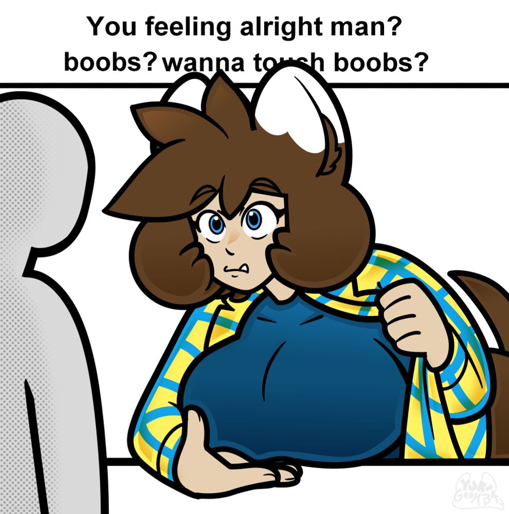 A drawing of my character holding open her flannel shirt; the caption reads "You feeling alright man? boobs? wanna touch boobs?"