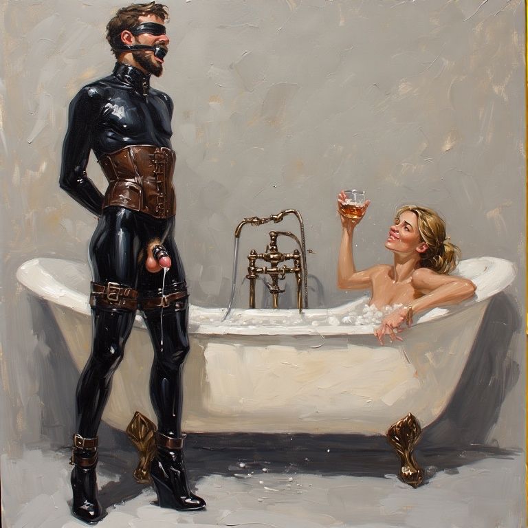 A submissive bearded man stands bound in latex and leather, his dripping cock confined in chastity cage. A dominant blonde woman relaxes in a bathtub beside him, enjoying watching him writhe and moan.