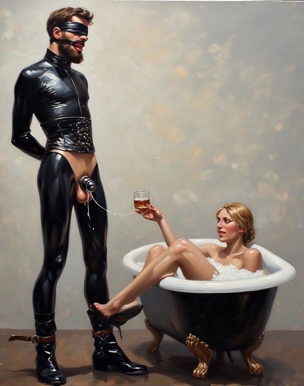 A submissive bearded man stands bound in latex and leather, his dripping cock confined in chastity cage. A dominant blonde woman relaxes in a bathtub beside him, enjoying watching him writhe and moan.