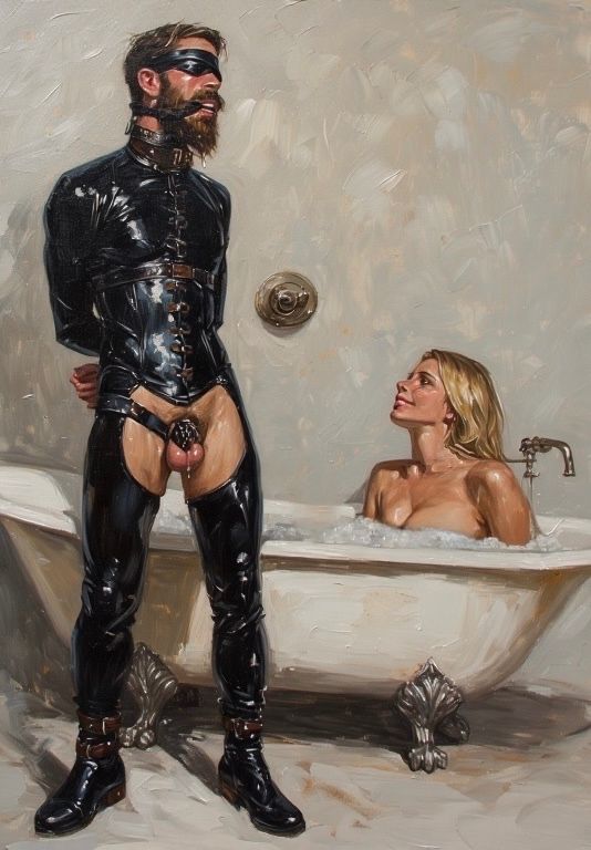 A submissive bearded man stands bound in latex and leather, his dripping cock confined in chastity cage. A dominant blonde woman relaxes in a bathtub beside him, enjoying watching him writhe and moan.