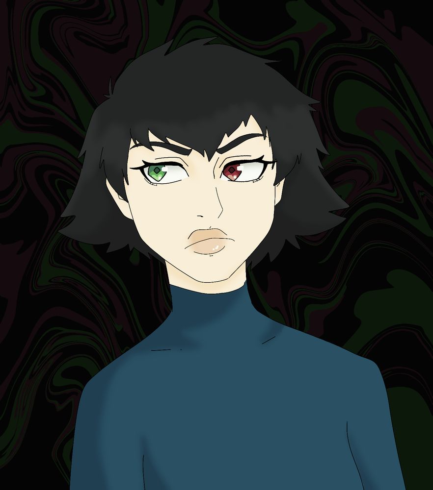 Lady specifically from the new Devil May Cry anime on netflix! She has short black hair, one eye that is green, and one that is red. She's wearing a blue turtleneck and is standing infront of a red green swirly background