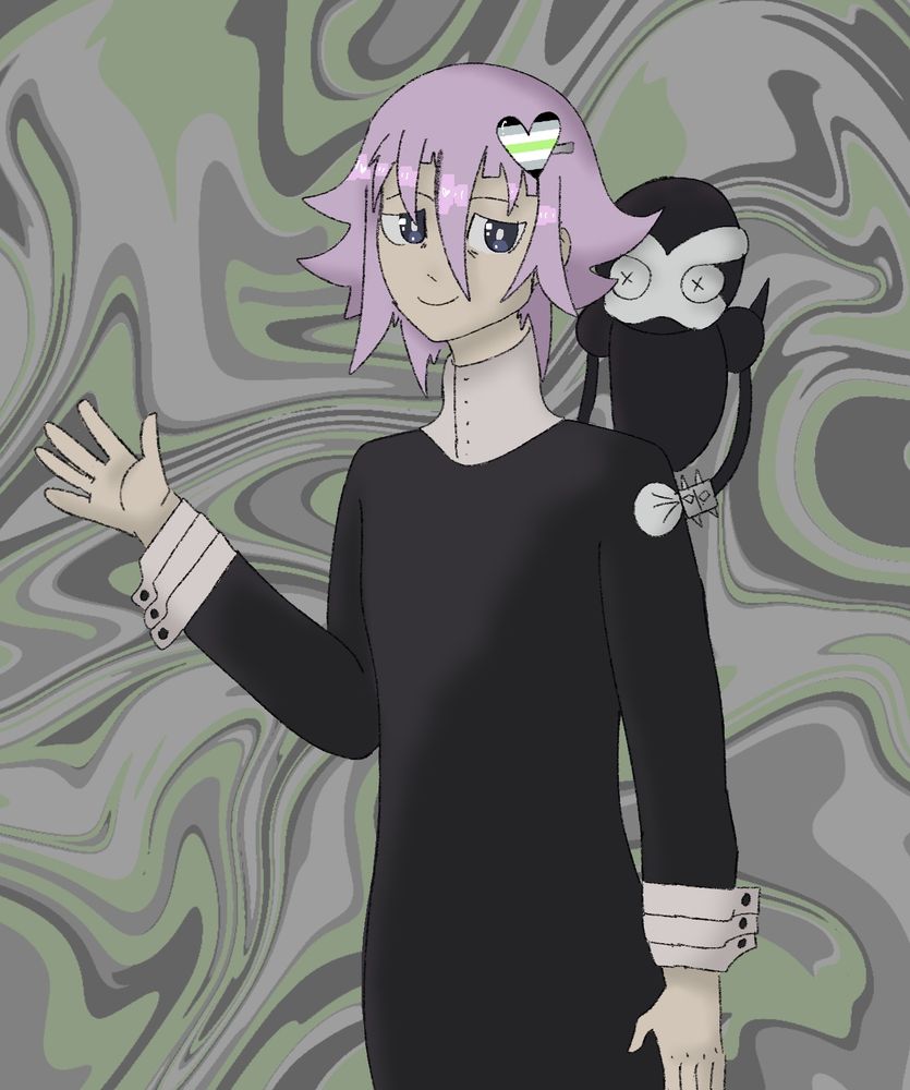 A drawing of the character Crona from Soul Eater. They are standing in front of a swirly pride themed background. They have a mini "Ragnarok" on their shoulder. They have an Agender pride flag in their hair. 