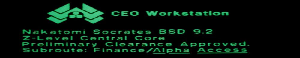 Readout of a computer workstation in Die Hard (1988). Screen is monochrome (green characters on black background) with a logo and the text "CEO Workstation" More text follows: 
"Nakatomi Socrates BSD 9.2
Z-Level Central Core
Preliminary Clearance Approved.
Subroute: FInance/Alpha Access"
Note: In real life, BSD's final release was version 4.4-Lite2 (June 1995)