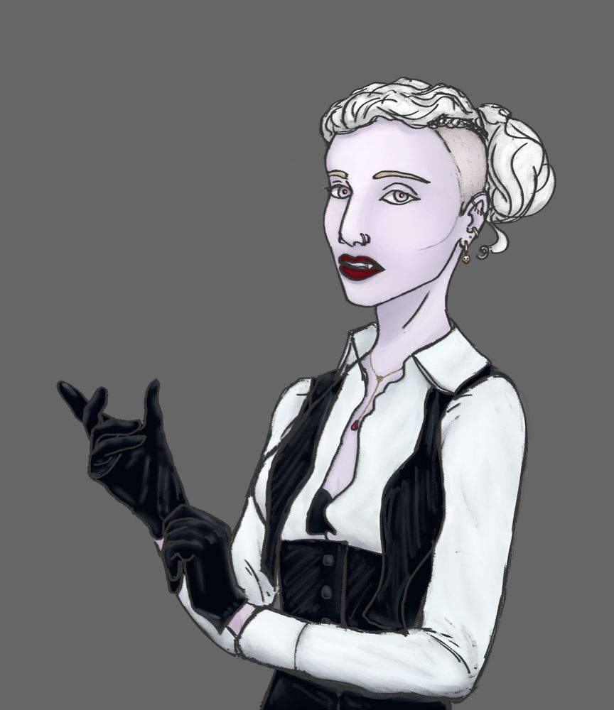 close up of the last character (Aurea) from the initial post, from the bottom row of characters. Aurea has pale skin & platinum white-blonde wavy hair with an undercut on the left side with golden blonde roots & eyebrows. Her hair is pulled back into a bun with a small braid lining her undercut. she has a plethora of small golden piercings with delicate red drop gems & a golden skull. her left nostril has a golden hoop in it & around her neck is a necklace with a red gem resembling a pomegranate seed. she is wearing an open white collared long-sleeved blouse (revealing part of her black bra beneath) with black trousers & a black underbust vest with an attached bowtie that hangs untied. she is pulling on a pair of black gloves. she is also wearing dark red lipstick. her muted expression reveals a fang hanging out. she has pale grey eyes with dark red pupils.