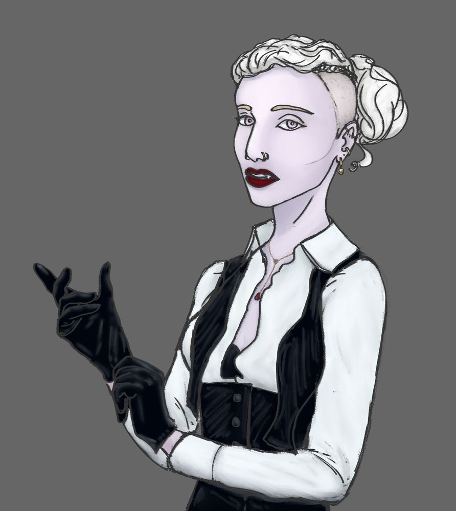 Aurea has pale skin & platinum white-blonde wavy hair with an undercut on the left side with golden blonde roots & eyebrows. Her hair is pulled back into a bun with a small braid lining her undercut. she has a plethora of small golden piercings with delicate red drop gems & a golden skull. her left nostril has a golden hoop in it & around her neck is a necklace with a red gem resembling a pomegranate seed. she is wearing an open white collared long-sleeved blouse (revealing part of her black bra beneath) with black trousers & a black underbust vest with an attached bowtie that hangs untied. she is pulling on a pair of black gloves. she is also wearing dark red lipstick. her muted expression reveals a fang hanging out. she has pale grey eyes with dark red pupils.