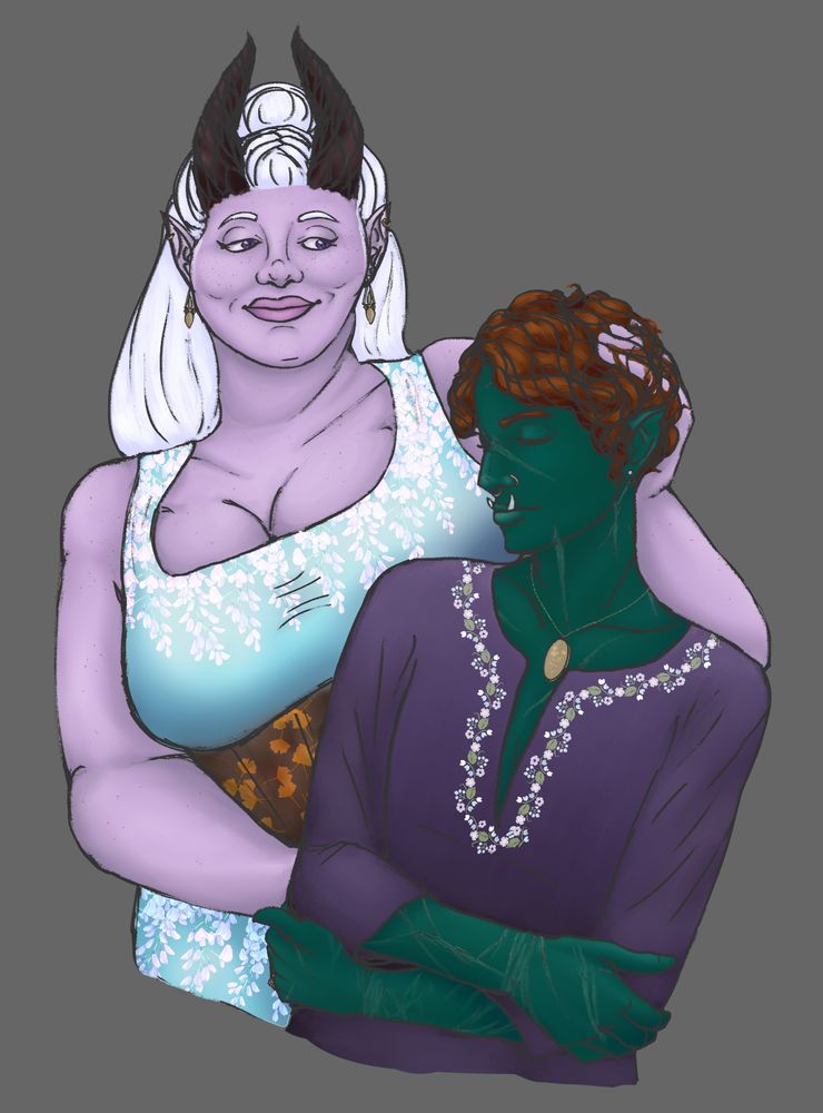 Freya is a tall full-figured tiefling woman with freckled lavender skin & violet eyes. her long white hair is worn half up, braided into a bun between her dark brown spiralling horns. she is wearing a low-cut shimmery light blue sleeveless top with wisteria designs on it with a brown gingko patterned waist cincher. she has dangling gold earrings as well as a hoop piercing in her cartilage on each side. her left hand is intertwined in Naizeth's short auburn curls while the other is on Naizeth's waist. her gaze is lovingly fixed on her wife. Naizeth is half-orc/dryad with heavily scarred forest green skin. her eyes are closed, and her mouth is set in a peaceful smile. she is wearing a golden oval locket with a floral engraving & a simple dark purple top with floral embroidery. she has simple pearl earrings as well as nostril & septum hoop piercings.