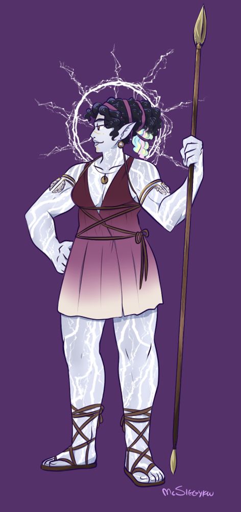 digital art of tall muscular woman in a short simple wrap dress held around her w a brown leather cord wrapped in crossing patterns w brown leather tie-wrap sandals that come halfway up her calves. similarly her curly hair is held up w a pinkish-red wrap. she has winged bangles around each of her biceps & simple coin-like earrings. her bronze necklace is a disc that seems like it would spin in place for fidgeting. she has bronze facial markings made up of lines & dots.she is depicted looking into the distance to the left, expression confident, with a spear in her left hand. her dress is a red to peach gradient. her skin is a pale blue-grey w glowing lightning markings & gives her the appearance of a marble statue, & her stormy blue black curls are tipped w iridescent white. she has a lightning halo. the bg is a rich purple with the artist signature (McSiggyKuu) in a lighter purple at the bottom right.