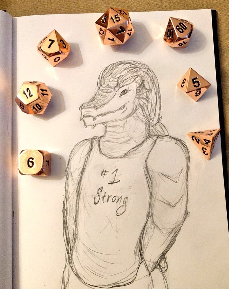 pencil sketch of a beefy dragonborn wearing a loose tank top (text on it reads: #1 Strong) and standing with their hands in their trouser pockets. she has a cheeky expression and long tendrils pulled back in a tie at the base of her neck. arranged around the top of the drawing are a set of bronze metal dice.