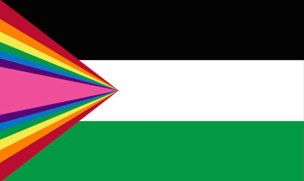 the palestinian flag with a rainbow spectrum and pink triangle overlaying the red section