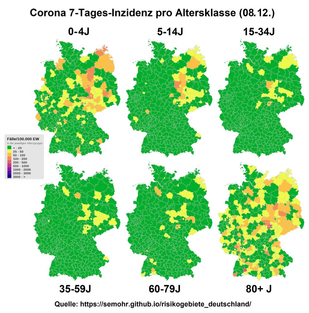 Die Abbildung zeigt auf sechs Karten die vom RKI gemeldete Corona 7-Tages-Inzidenz je Landkreis bundesweit für sechs verschiedene Altersgruppen in verschiedenen Farben.

ACHTUNG: seit Anfang März 2023 massive Untererfassung! (Wohl weniger als jede 70ste Infektion wird aktuell überhaupt noch amtlich registriert!)

⏩ Somit zeigen die Karten vor allem (besonders im Vergleich mit der *tatsächlichen* Verteilungskurve über alle Altersgruppen und Geschlechter), wie massiv das Ignorieren und Verdrängen inzwischen verbreitet ist !!

Die REALE Verteilung über alle Altersgruppen dürfte noch immer einer 'Glockenform' ähneln, wie sie sich aus den Daten von ~zweieinhalb Jahren Infektionen zeigte (siehe die nächste Grafik im weiteren dieses Threads), als noch einigermaßen flächendeckend über alle Altersgruppen getestet wurde! (Die 'amtliche' Zahlenbasis für alle Altersgruppen zwischen 5 bis 79 Jahren ist mittlerweile nahezu ein *TotalAUSFALL* !! Und die Verleugnungs-Haltung in diesen Altersgruppen ist zutiefst beschämend. Denn mindestens diejenigen, die vulnerabel sind - und daher Infektionen mit diesem Virus vermeiden müssen - sind auf solche Informationen zur Vorbeugung dringend angewiesen !!)

Für eine Abschätzung der realen Inzidenz-Höhe müssen die Zahlen auch noch mit einem Dunkelziffer-Faktor von aktuell im ø MAL ~70 *multipliziert* werden !!